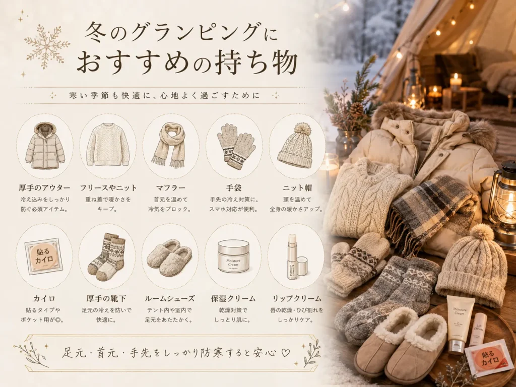冬　グランピング　持ち物