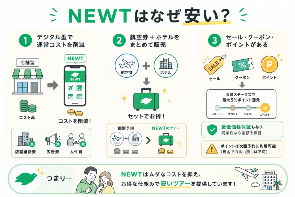 NEWTが安い理由をデジタル運営・航空券とホテルのセット販売・セールやポイントの3点で示した図解