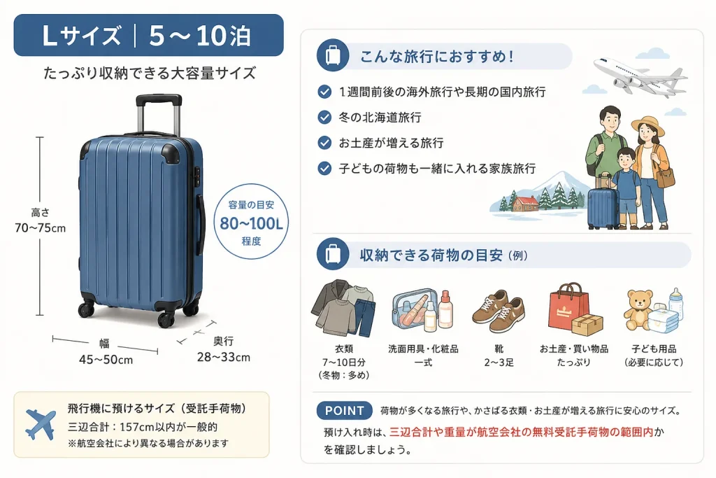5~10泊向けLサイズスーツケースの容量と向いている旅行をまとめた図解
