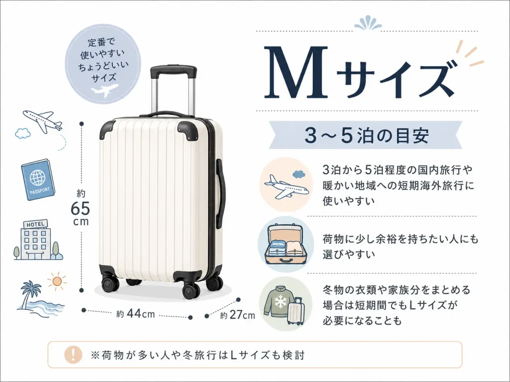 3~5泊向けMサイズスーツケースの特徴と選び方をまとめた図解
