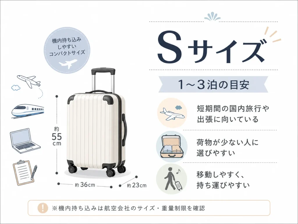 1~3泊向けSサイズスーツケースの特徴と選び方をまとめた図解